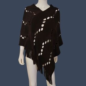 AVENUE 9 Dark Brown Knit Assymetric Fringe Peekaboo Shawl Hippie Poncho